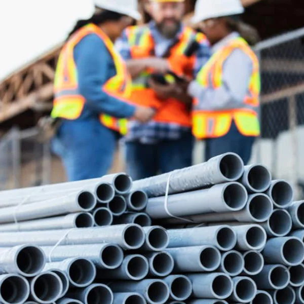 Construction workers talking on job site with PVC Electrical conduit in the foreground