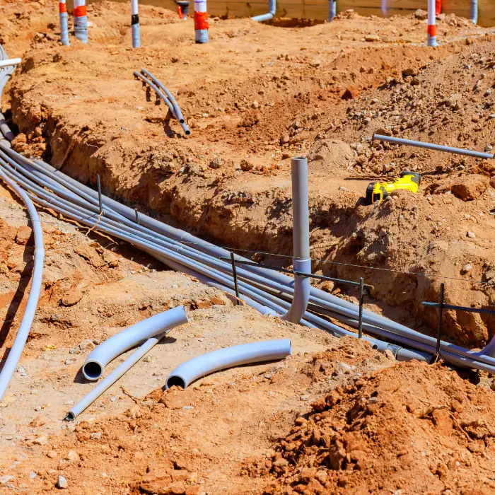 PVC conduit installed in trench on job site
